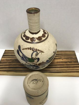 Vintage Tonala Folk Art Mexican Pottery.  Hand Painted Water Jug with Cup. 3