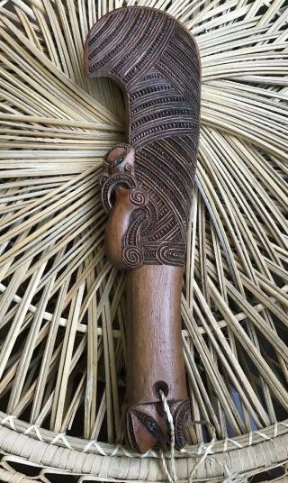 Maori Carved Wood Wahaika War Club Abalone Inlay Zealand Tiki