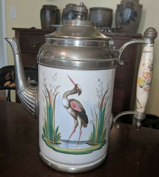 Antique Enamel Ware Coffee Pot Agate Pewter Waterbird