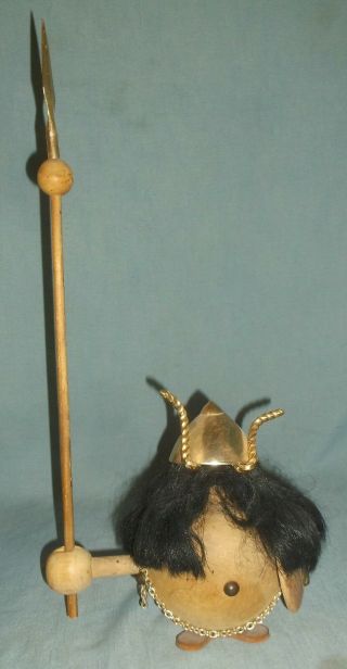 Vintage Danish Style Wood Viking Figurine W/ 18 " Spear Metal Helmet & Shield