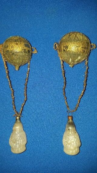 Pair Antique Glass Hot Air Balloon & Santa German Wire Wrapped Xmas Ornament