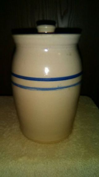 Small Hand Turned Crock Butter Churn With Lid.  Holds 1 1/2 Pints