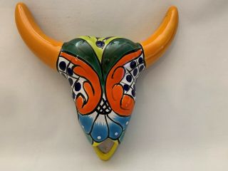 9 " Steer Cow Bull Long Horns Skull Mexican Talavera Pottery Wall Decor Folk Art