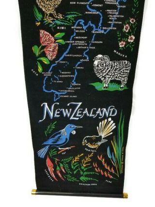Zealand Black Velvet Wall Hanging Tapestry Scroll Vintage Souvenir Map Derek 5