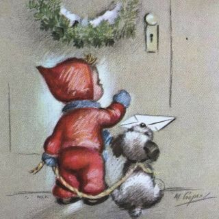 Vintage Christmas Greeting Card Marjorie Cooper Cute Little Boy Puppy Rustcraft