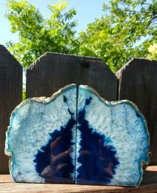 Blue Agate Bookend Geode Crystal Polished Quartz 4lb 4 1/2 " H X 5 3/4 " W Bookends