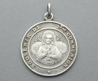 French Antique Religious Silver Pendant.  Dated 1909.  Eucharist.  Jesus Christ.