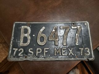 1972 Spf Mex Mexico License Plate Vintage