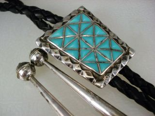 Old Zuni Sterling Silver & Geometric Turquoise Inlay Bolo Tie