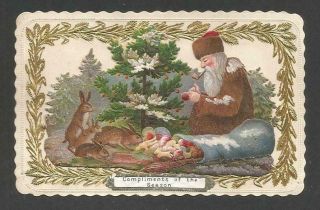 E53 - Brown - Coat Santa With Rabbits Makes Gifts - Scrap On Victorian Xmas Card