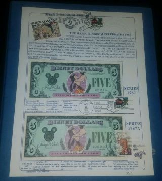 Disney Dollars Magic Kingdom First Day Stamp Card 1987 Dual $5 W/ Rare Bonus
