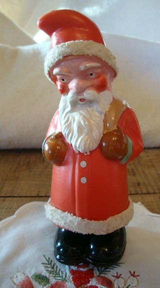 St Nicholas Vintage Santa Germany Hard Plastic Christmas Candy Ornament 1950s