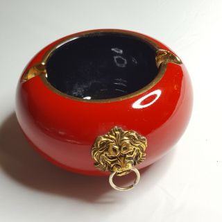 Vintage Brass Lion Heads Red Enamel Brass Ashtray Hand Made In Italy 5 " X 3 "