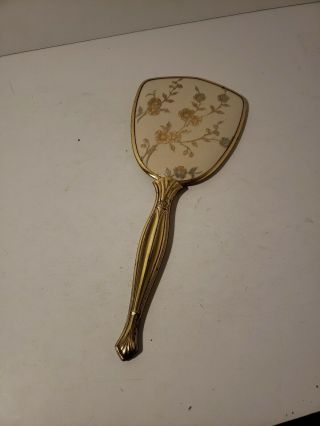 Vintage Victorian Style Hand Held Vanity Mirror With Flower Design On Back Gold