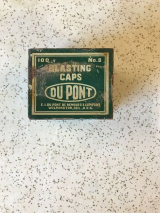 Vintage Dupont Blasting Caps Tin Box,  100 No.  8 Caps,  Mining Collectible.