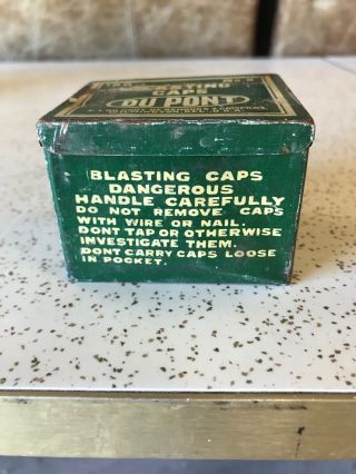 Vintage DuPont Blasting Caps Tin Box,  100 No.  8 Caps,  Mining Collectible. 2