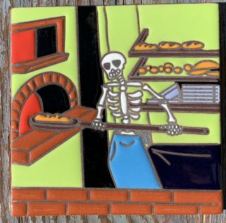 Talavera Pottery 6 " Tile Day Of The Dead Baker Pizza Oven Stove Paddle Apron