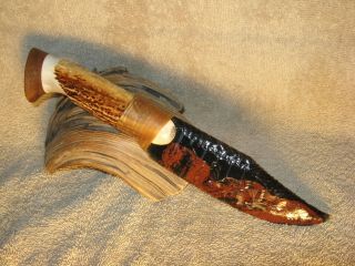 Triple Flow Obsidian Bowie Knife W Elk Antler Handle And Walnut End Cap