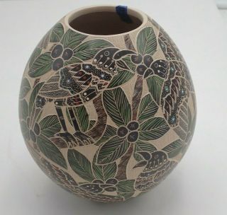 Mata Ortiz Hand Built Hand Painted Pottery Olla By Heri Mora With Birds & Trees