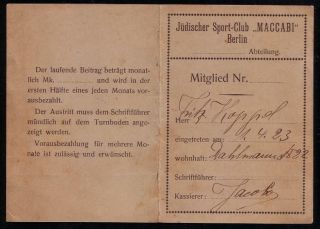 Maccabi Berlin Jewish Sport Club 1923 Member Card Judaica Germany German