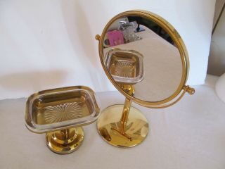Vtg Brass Pedestal Soap Dish Glass Insert Vanity Tilt Mirror Double Sided Shavin