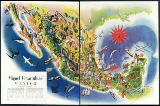 1947 Mexico Travel & Industry Covarrubias Big Color Map Vintage Print Article