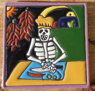 Talavera Mexican Tile 6 " Day Of The Dead Chef Red Chili Peppers Hat Knife Board