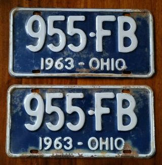 Vintage 1963 Ohio White On Blue License Plate 955 Fb Matching Pair Set