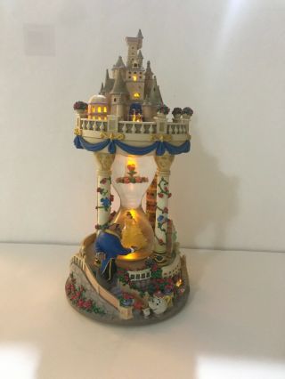 Rare Disney Beauty And The Beast Hourglass Castle Snowglobe Musical & Lights Up