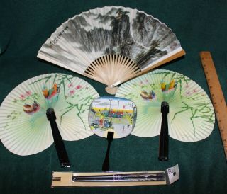 4 Oriental Hand Fan Vintage Folding Asian Paper Fans & Hair Sticks
