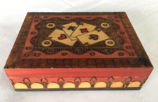 Vintage Dual - Deck Playing Card Wood Box With Inlay Four Aces On Lid