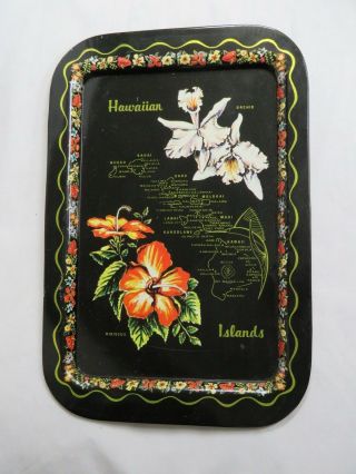 Vintage Tiki Decor Hawaiian Islands Souvenir Metal Tray Map Flowers Sailfish