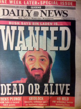 2001 Ny Daily News Newspaper Osama Bin Laden Wanted Dead Or Alive 9/11 Cover