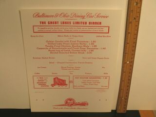 Baltimore & Ohio Railroad Dining Car Menu Great Lakes Limited Dinner