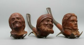 Vintage Carved Head Wooden Smoking Pipes With Brass Stands
