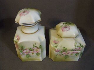 Vintage Nippon Hand Painted Flower Porcelain Vanity Dresser Jar & Box