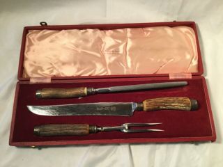 Lewis Rose & Co Ltd 3 - Pc Carving Set Real Stag Horn Sheffield Stainless England