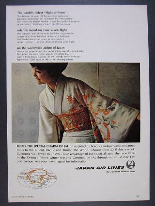 1966 Jal Japan Air Lines Stewardess Kimono Uniform Photo Vintage Print Ad