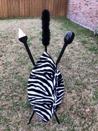 Hand Made Zebra African Shield And Spear With Black Feather