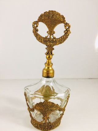 Vintage Ornate Perfume Bottle Basket Of Flowers Gold Tone