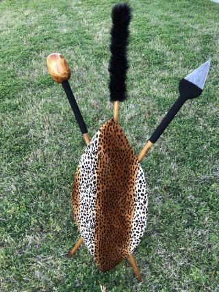 Handcrafted Leopard Print African Shield And Spear