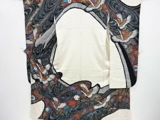 4281027: Japanese Kimono / Antique Furisode / All Shibori / Cranes & Kiku