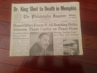 Dr.  Martin Luther King Shot To Death Philadelphia Inquirer Newspaper Vintage
