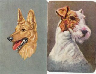 2 Playing Swap Cards Us Litho B/backs Dogs Airedale Terrier & Alsation Artist
