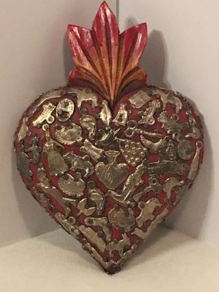 Vintage Red Wood Heart And Milagros Miracle Ex Voto Folk Art Michoacan Mexico
