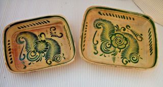 2 Vintage Mexican Pottery Oblong Trays Green Colored Designs