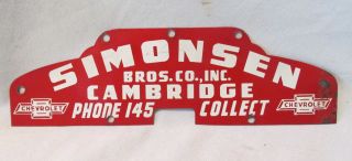 Simonsen Cambridge Wisconsin Wi Chevrolet Metal License Plate Topper Sign 10 "
