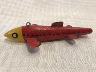Tg158 Vtg Fishing Fish Ice Spearing Decoy Minnow Wood Lead Hand Made Red Glitter