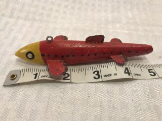 TG158 Vtg Fishing Fish Ice Spearing Decoy Minnow Wood Lead Hand Made Red Glitter 2