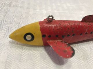 TG158 Vtg Fishing Fish Ice Spearing Decoy Minnow Wood Lead Hand Made Red Glitter 3